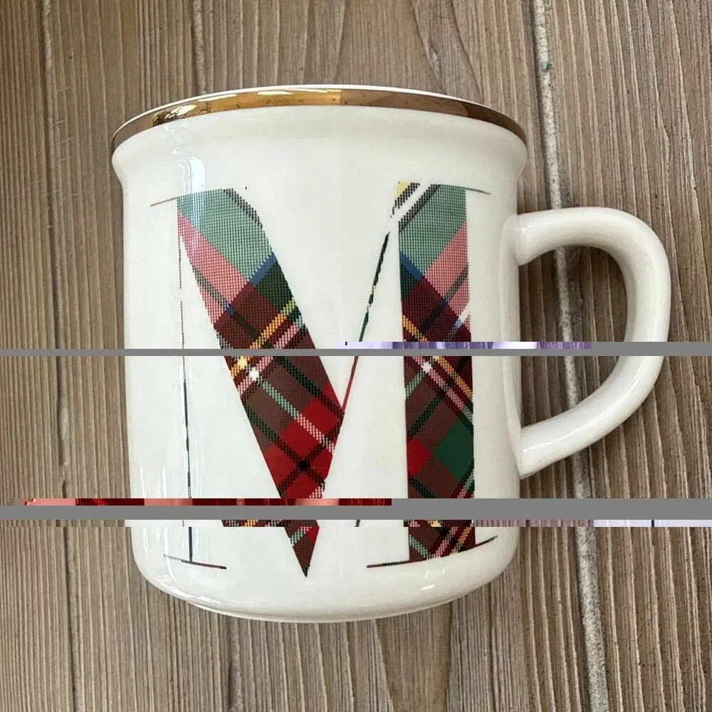 POTTERY BARN STEWART PLAID ALPHABET STONEWARE MUG M